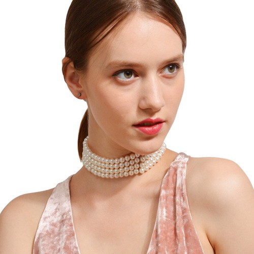 4 Row White Round Pearl Choker Necklace Women's Jewellery Jewelry Pearls Fashon - Picture 3 of 6