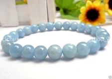 10mm Light Blue Aquamarine Gemstone Round Beads Elastic Bracelet 7.5''