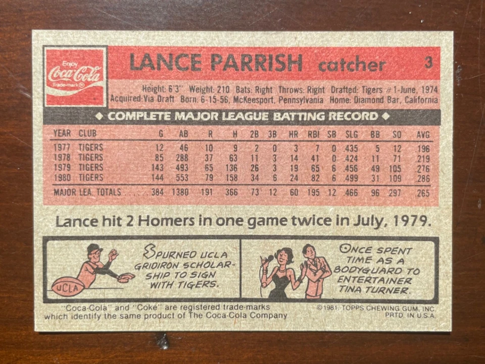 Prototipo Coca Cola 1981 Topps Coca-Cola - #3 Lance Parrish - Tigres * Muy raro Foto 2 de 4