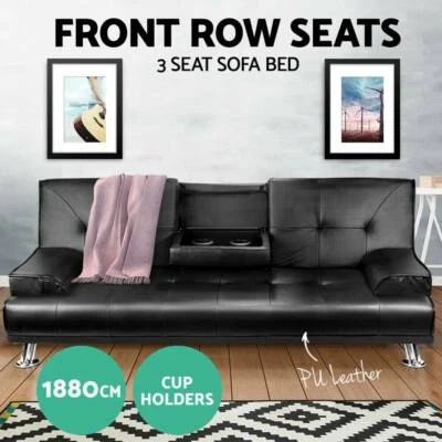 Pu Leather 3 Seater Sofa Bed Set Futon Couch Cup Holder Black