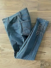 RARE Womens Levis 721 Jeans Sz 26 High Rise Skinny Ankle Black Denim Stud Flame