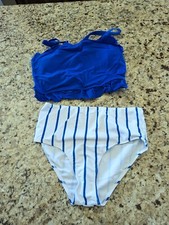 Girls Striped Frill Trim Bikini Swimsuit 13-14 YR Blue White 160