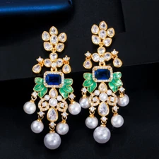 Blue Long Chandelier Pearl Dangle Drop Yellow Gold Plated CZ 925 Silver Earrings