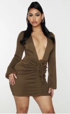 £35 • PRETTYLITTLETHING • Brown Rib Ruched Mini Dress Sz 10 UK . BNWT