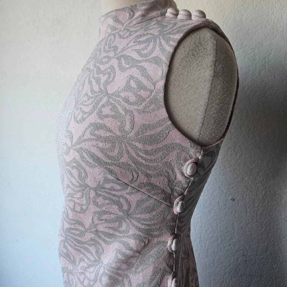Leslie Fay Pink Silver 60s 70s Groovy Mod High Neck Cocktail Knit Mini Dress M - Image 3 of 4