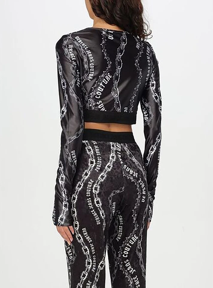 Blusa cropped Versace Jeans Couture preta manga longa estampa corrente - - Imagem 4 de 4