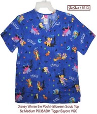 Disney Winnie the Pooh Halloween Scrub Top Size Medium Tigger Eeyore - VGC