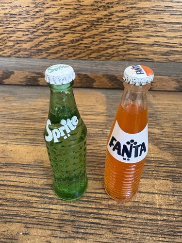 Vintage Miniature Glass Soda Pop Bottles,Metal Cap 3 Inches Fanta, Sprite C1970