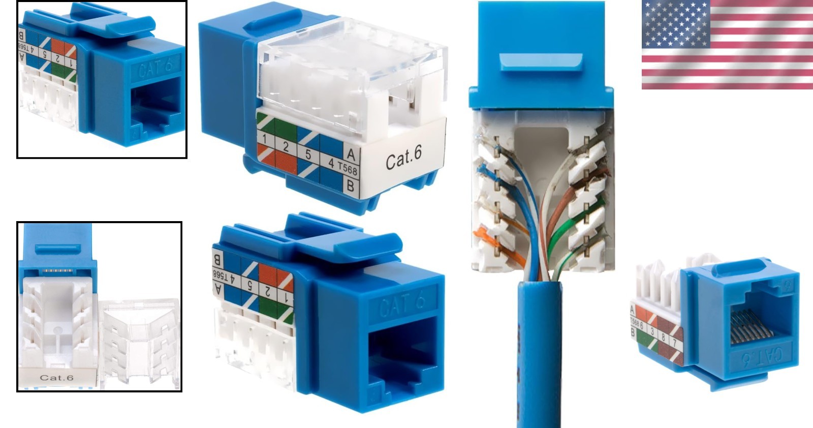 Slim Profile Cat6 Keystone Jacks, Blue, 50 Pack