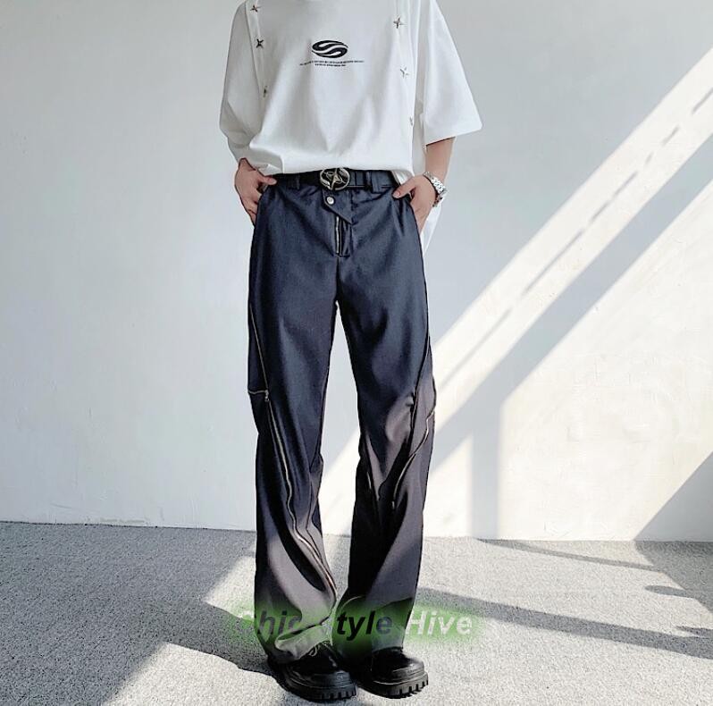 Men's Fashion Punk Gothic Zipper Loose Trousers Casual Party Flared Bell Pants