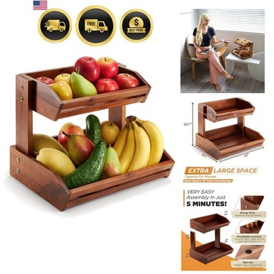 Acacia 2 Tier Fruit Basket for Kitchen Counter Organizer   Wooden Fruit Bowl ...
