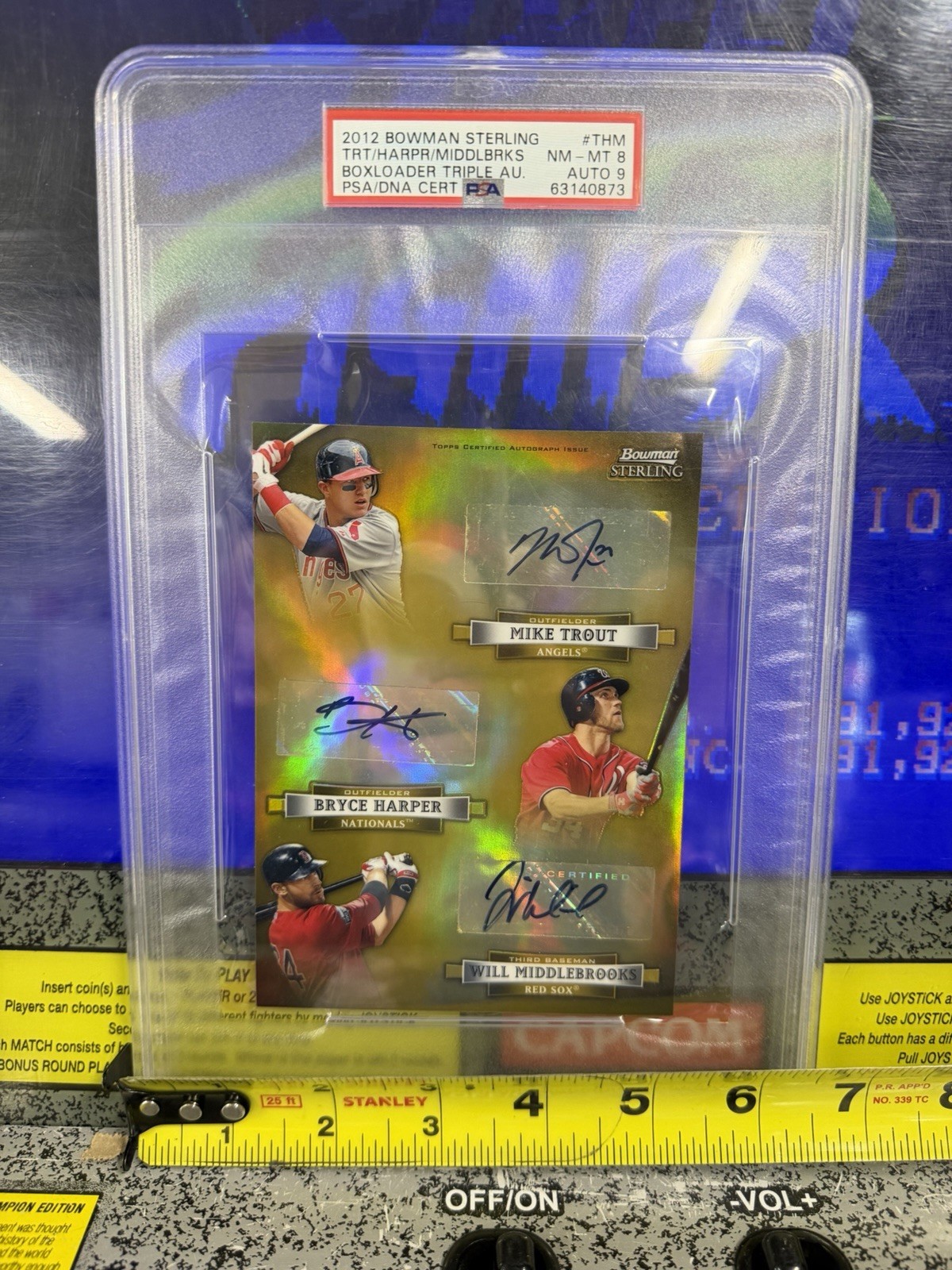 2012 Bowman Sterling Mike Trout Bryce Harper Boxloader Triple Auto Rookie RC PSA view 5