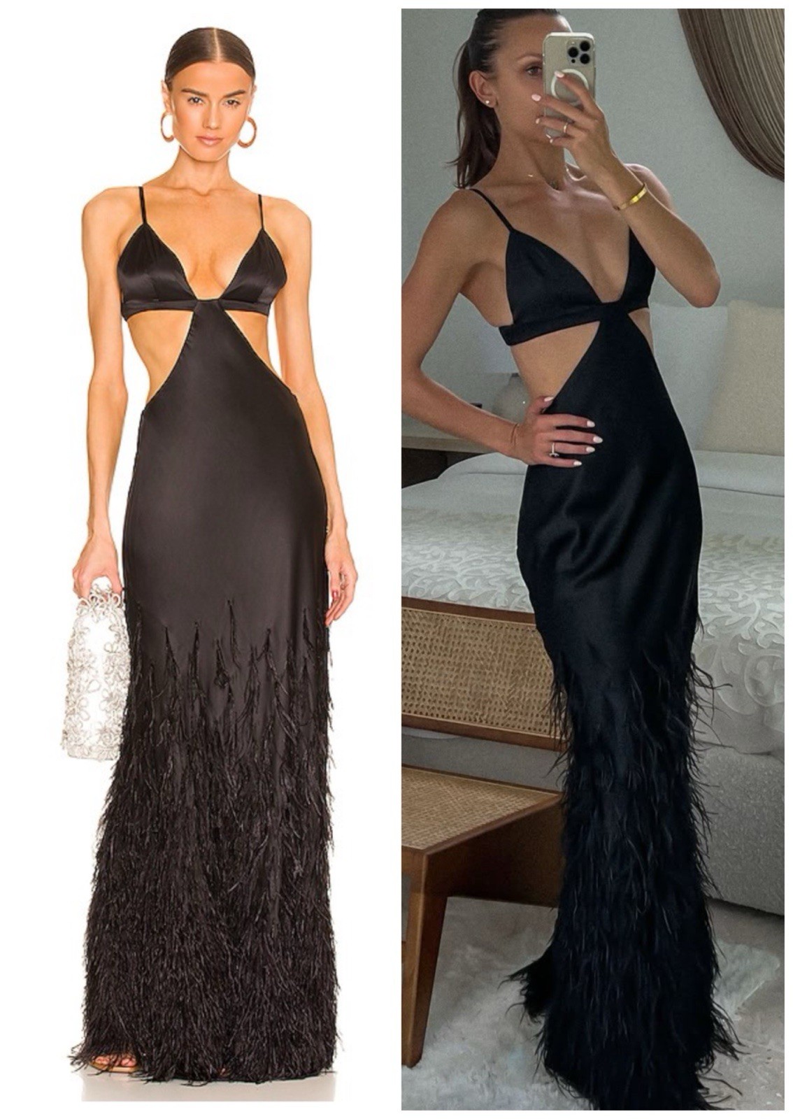 Cult Gaia Raisa Silk Satin Balck feather-embellished Maxi Dress Gown SZ S