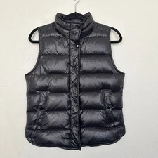 J.Crew Quilted Puffer Down Vest Black Sleeveless Zip Snap Button Women's Small