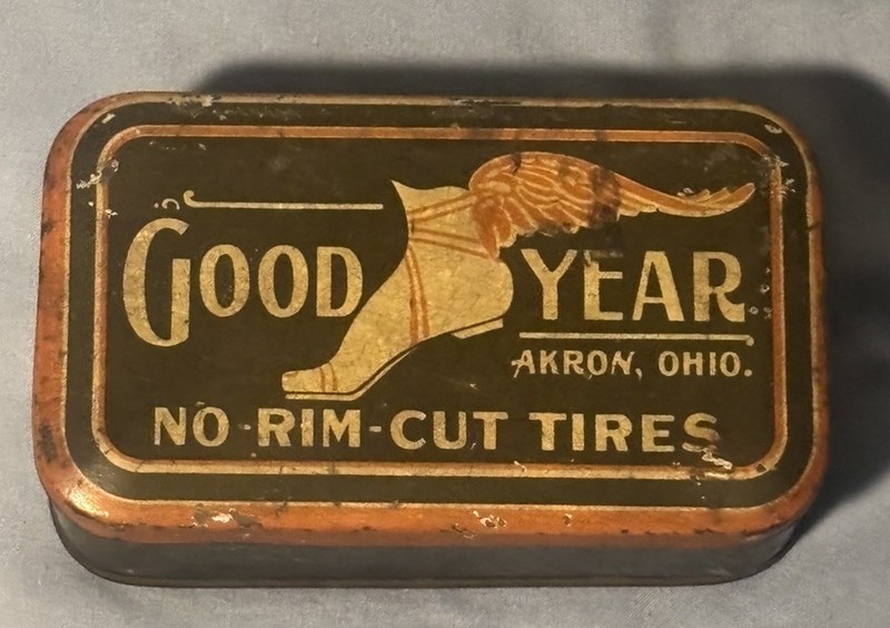 Vintage Goodyear No-Rim Cut Tires Repair Kit Tin Can Winged Foot Akron Ohio