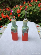 Oil And Vinegar Cruets Orange And Turquoise 10", Set Of 2