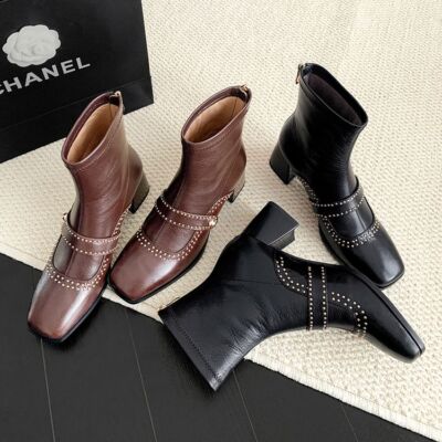 Womens Chic Sheepskin Square Toe Studs Block Heel Bootie Ankle Boots Shoes 