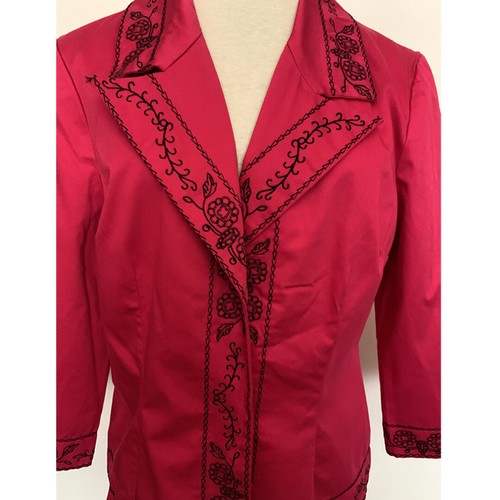 Embroidered Blazer, Size M, Snap Front, 3/4 Sleeves, Magenta - Picture 3 of 4