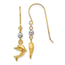 14k Two-Tone Gold Puffed Dolphin Shepherd Hook Earrings