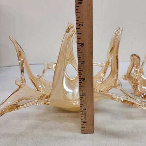 Pair Murano Italy Lavorazione Yellow Iridescent Reticulated Hand Made Art Glass - Picture 10 of 15