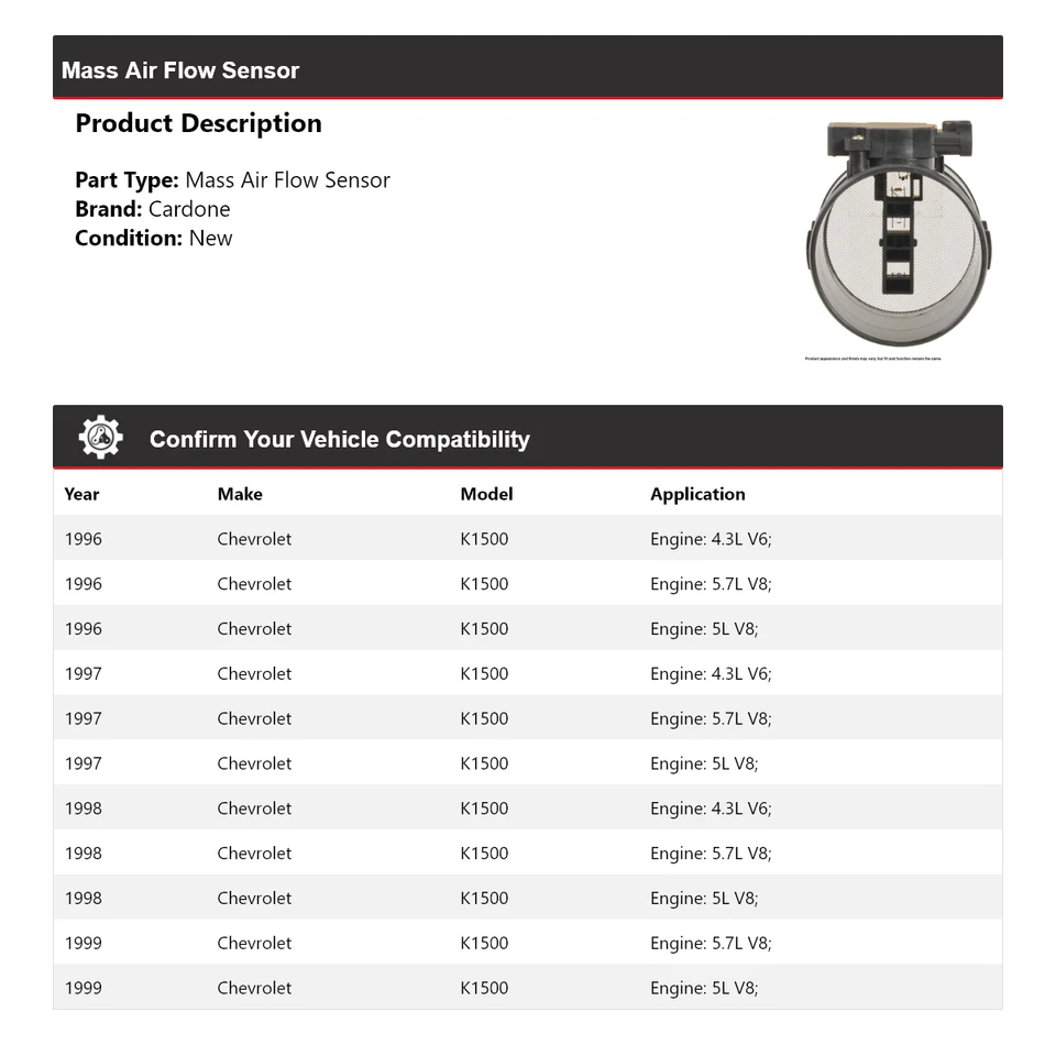 Sensor de flujo de aire masivo Cardone 1997 1998 para Chevrolet K1500 1996-1999 Foto 2 de 4