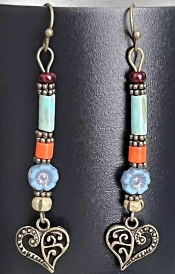 Turquoise Beaded Earrings. Picasso Flowers. Etched Bronze Heart Hippie Earrings