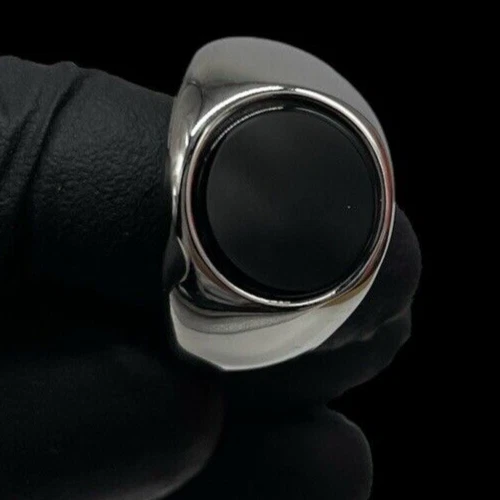 Anello Uomo Pietra nera rotonda liscia onice misura30 in acciaio stainless steel - Immagine 3 di 4
