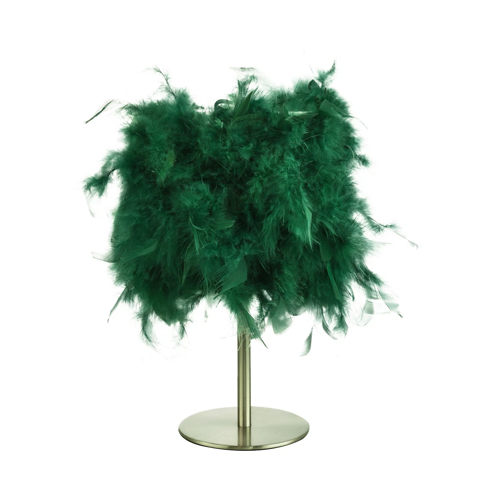 Modern and Chic Real Green Feather Table Lamp with Satin Nickel Base and Swit