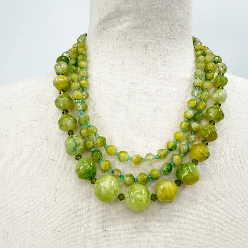 vintage long strand of green & blue beads Beaded Necklace costume jewelry
