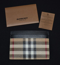Burberry Sandon Coated Canvas Check Beige/ Black Leather Card Case NWT