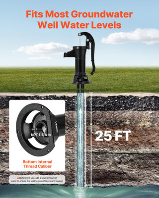 Well Hand Pitcher Pump, 25 ft Maximum Lift, Black