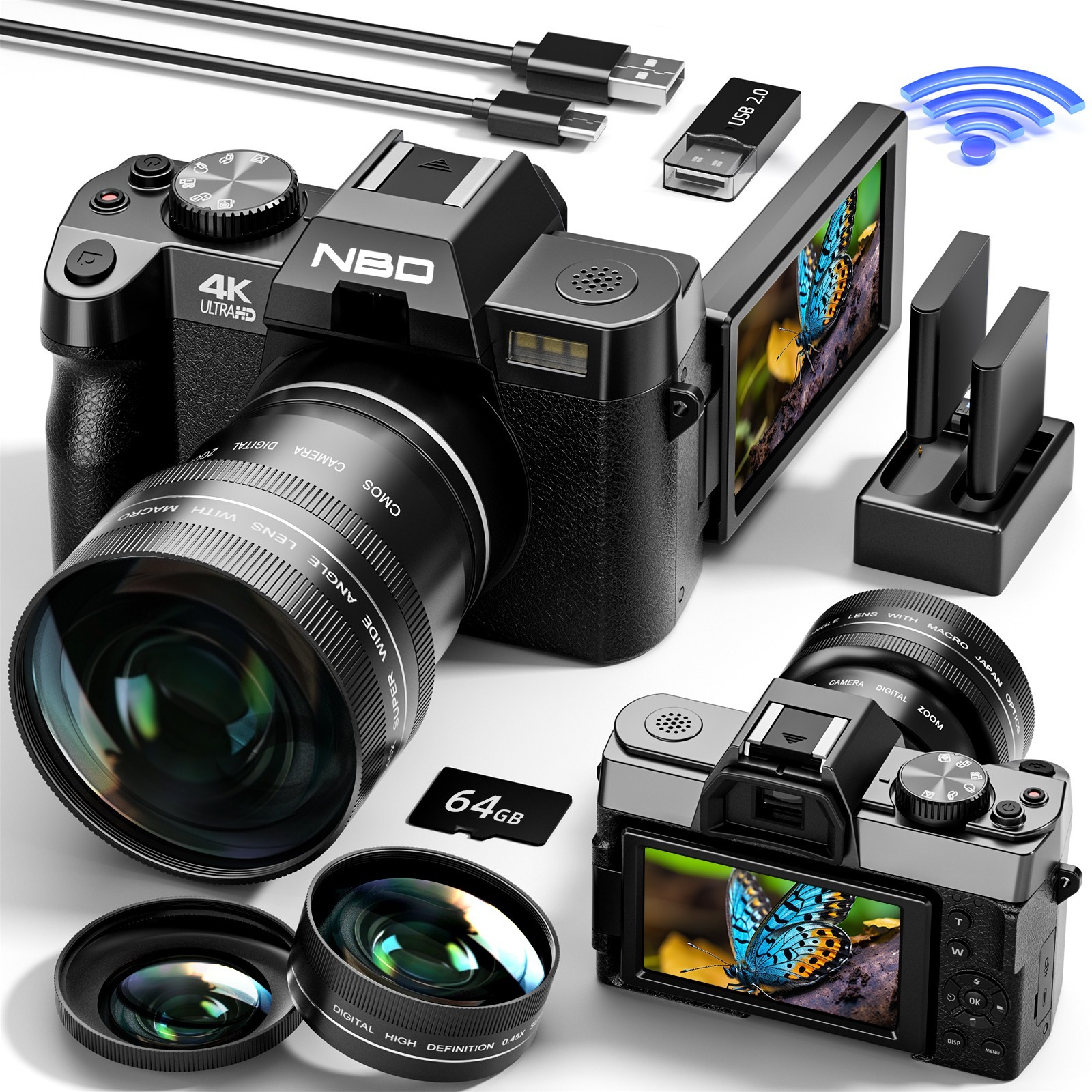 NBD 4K Digital Cameras 48MP 60FPS Video Camera WiFi 64GB TF