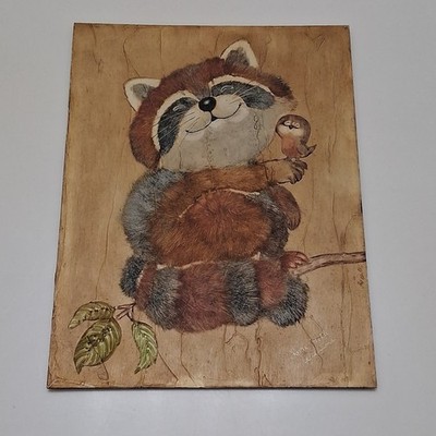 Lori Beth Williams Original Folk Art Painting Raccoon Bird Small Wood Unframed