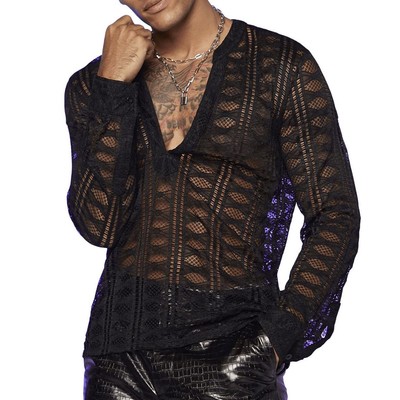 Men V-Neck Lace Long Sleeved T-Shirt with Transparent Mesh Elastic Shirt Base