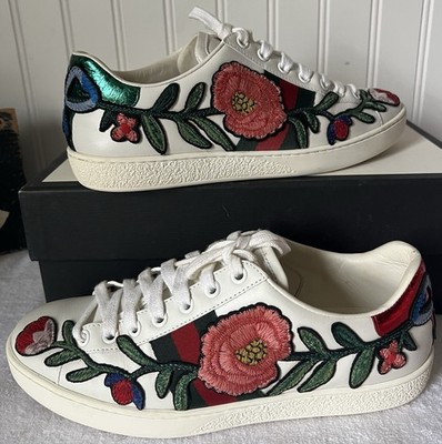 Gucci White Ace Embroidered Floral Women's Fashion Sneaker Shoes