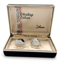 Vintage Anson 925 Sterling Silver Round Cufflinks Plain Minimalist Original Box