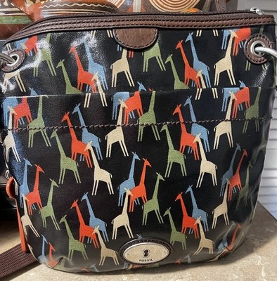 Fossil Brown Multi Giraffes Pattern Key-Per Crossbody Purse Coated Canvas Blue