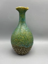 Textured Pottery Decorative Vase 9.5" Teals/Browns Pinched Top Earthtones