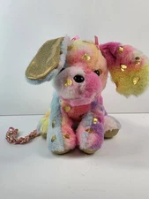 Toby Plush Dog Purse Crossbody Pastel Rainbow Gold Hearts Girls Bag Stuffed Toy