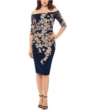 XSCAPE Womens Metallic Floral Lace Sheath Dress, Blue, 4