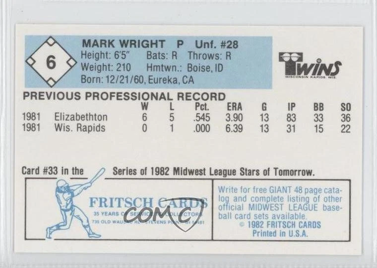 1982 Fritsch Midwest League Stars of Tomorrow Mark Wright #33 - Image 2 of 2