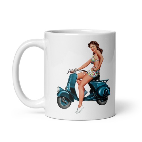 Coffee Mug Scooter Girl Pin Up Retro Classic Scootering Mods gift 1960s 1950s - Picture 2 of 4