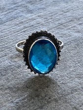 925 Vintage Sterling Silver Ring Blue Glass Artisan Size 8.5 4.14g