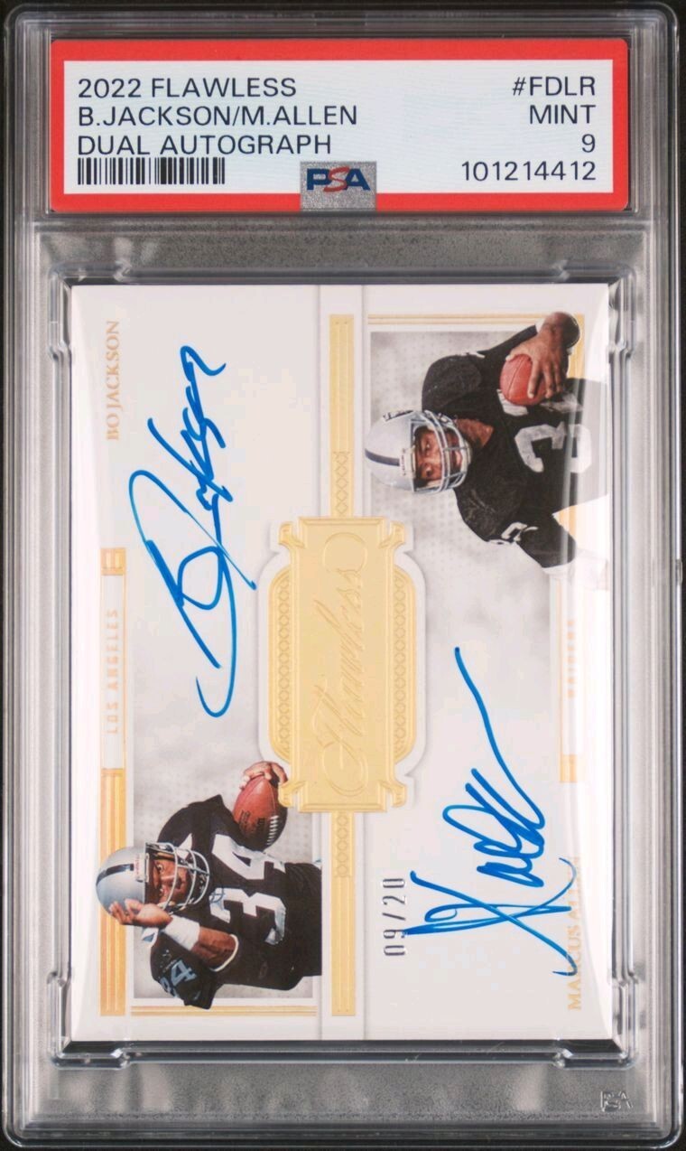Marcus Allen Autographed Signed Los Angeles Raiders 2022 Flawless Bo Jackson Dual Auto #9/20 Raiders PSA 9 