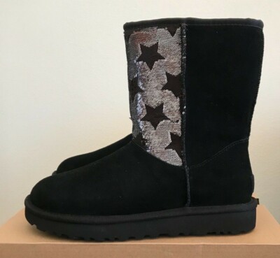 UGG Classic Short Boots Sequin Stars Black Suede Warm Winter Women's Size 