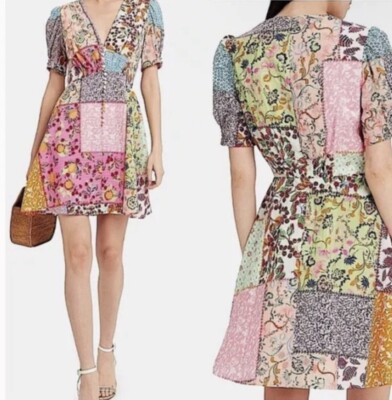saloni patchwork midi dress Saloni Dress Multicolor Lea Patchwork Mini Fit & Flare V-Neck Puff Sleeves  Sz 2