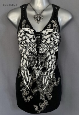 Women's Biker Crystal Black Braided Wings Cross Tank Top S M L XL 1X 2X 3X New
