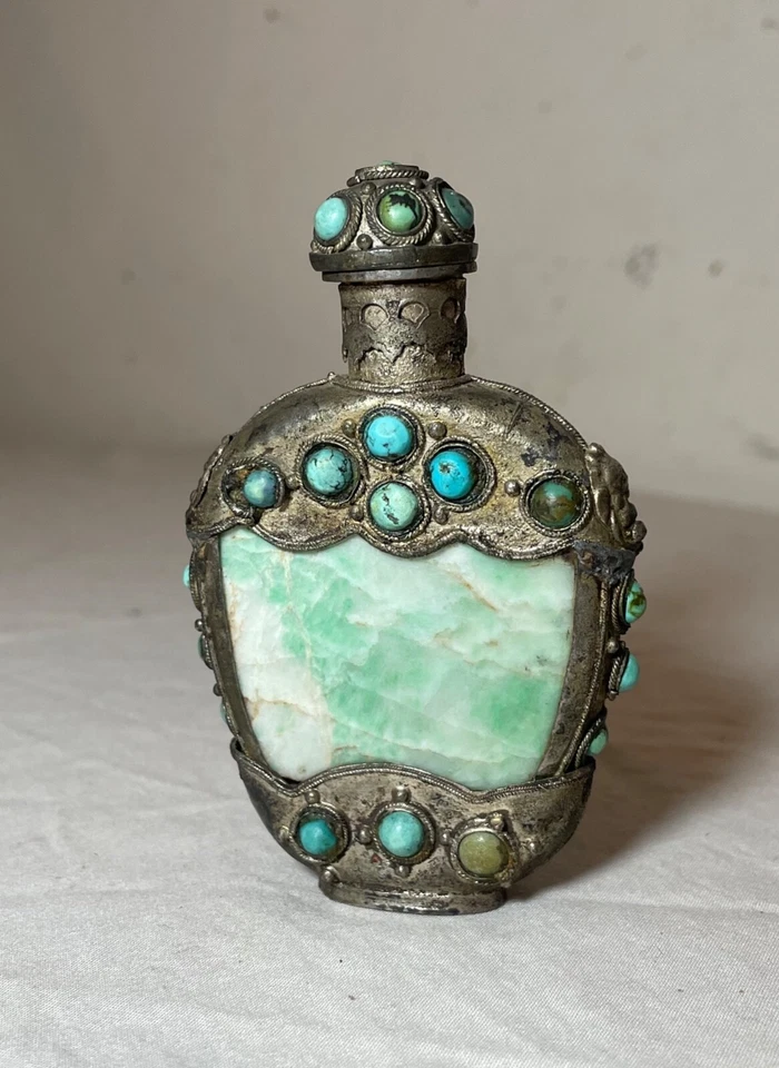 frasco antigo de bronze verde turquesa pedra de jade esculpido à mão chinês rapé - Imagem 4 de 4