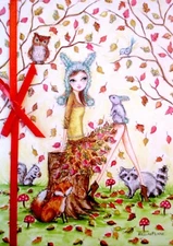 Papyrus Bella Pilar Girl Fall Autumn Thanksgiving Blank Greeting Card RARE