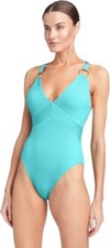 Robin Piccone L26547 Yasmine Plunge Neck Blue One-Piece Swimsuit Size 10